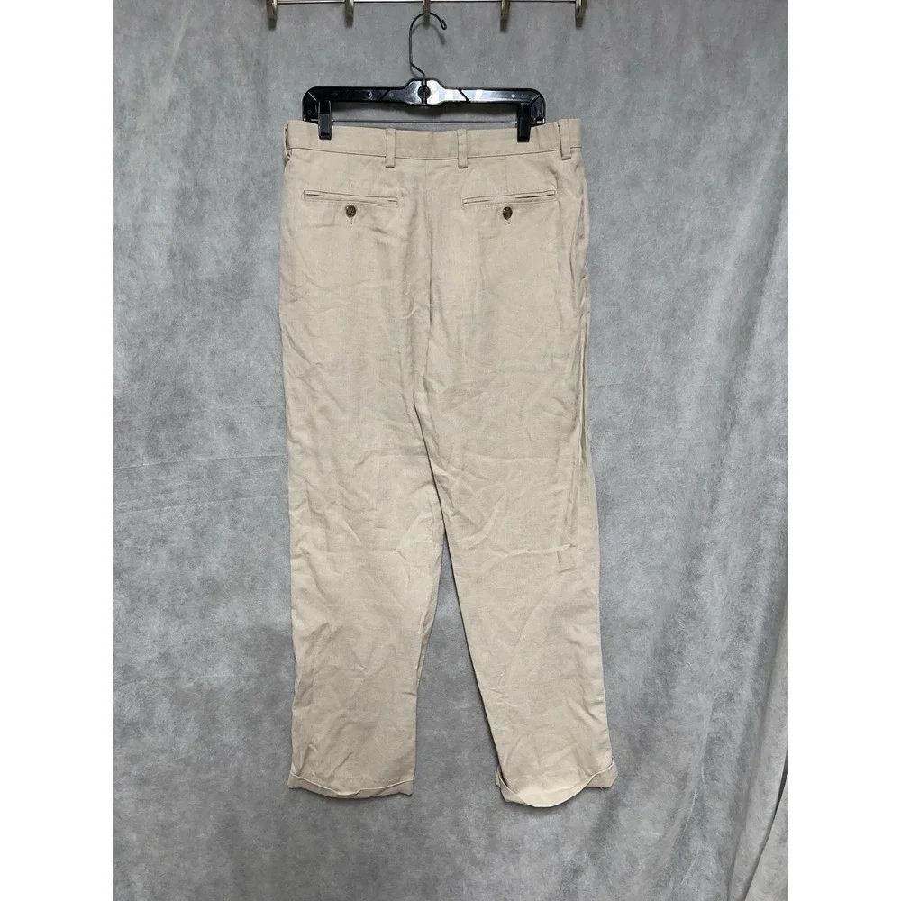 LL Bean Pants Men 34X32 Beige Cuff Straight Linen Baggy Coastal Academia Resort